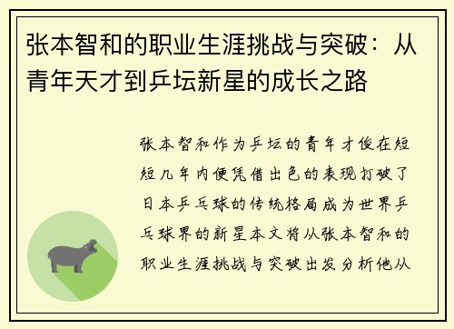 张本智和的职业生涯挑战与突破：从青年天才到乒坛新星的成长之路